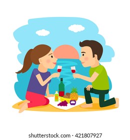 Beach summer. Young couple having dinner on beach at sunset background vector illustration