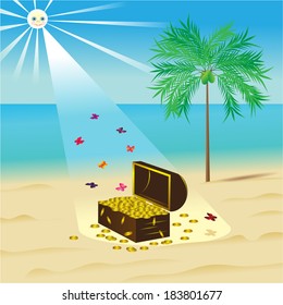 Beach. The sun with beams and a chest with coins, against the sea and butterflies.
