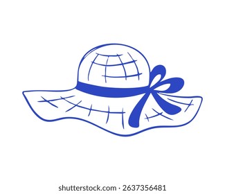 Beach sun hat in doodle style. Women's beach hat, isolated vector illustration. Summer, travel concept