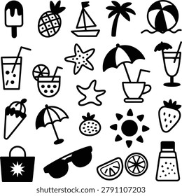 Beach, sun, ice cream, drinks, umbrella, sailboat, pineapple, starfish.