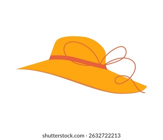Beach sun protection hat with pink ribbon. Female beach hat hand drawn vector flat cartoon illustration isolated on white background. Straw fedora sun summer hat. Perfect accessory against sunstroke.