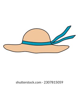 Beach sun protection hat with ribbon for women, doodle style cartoon vector