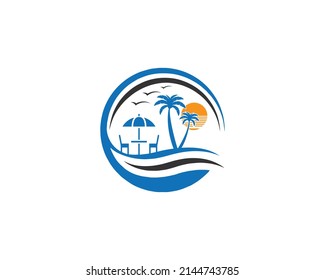 Beach Sun Set Holiday And Palm Tree Combination logo Design Concept Vector Template.	