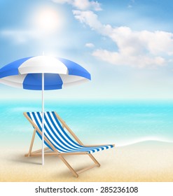 Beach with sun beach umbrella beach chair and clouds. Summer vacation background