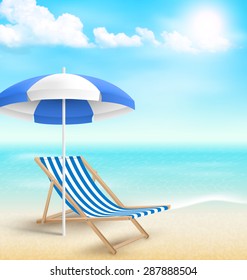 Beach with sun beach umbrella beach chair and clouds. Summer vacation background