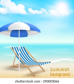 Beach with sun beach umbrella beach chair and clouds. Summer vacation background