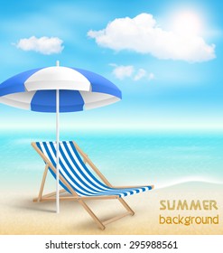 Beach with Sun Beach Umbrella Beach Chair and Clouds. Summer Vacation Background