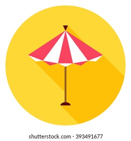 Beach Sun Umbrella Circle Icon. Flat Design Vector Illustration with Long Shadow. Marine Lifestyle and Beach Travel Symbol.