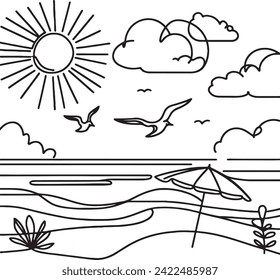 Beach sun umbrella sunbathing sea seagulls sun sun clouds. Line art black and white. for tourism travel site