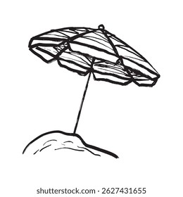 Beach sun umbrella as a symbol of summer vacation in black brush stroke texture isolated on white. Hand drawn vector sketch illustration in vintage charcoal ink. Travel, print design