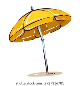 Sombrilla de playa con dosel amarillo, paneles de tela curvada, poste de metal, base de sombra de arena, forma de accesorio junto al mar. Diseño de paraguas con contornos audaces, Ilustración vectorial de dibujos animados.