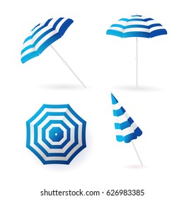 Beach sun umbrellas collection. Blue striped awning. Vector illustration.