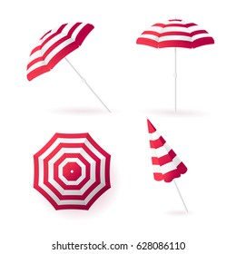 Beach sun umbrellas collection. Red striped awning. Vector illustration.