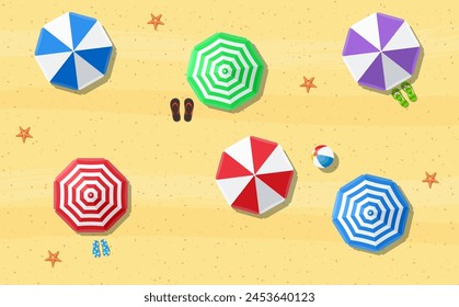 beach sun umbrellas flip-flops and beach Mat on the background of sand with starfish, top view. Vector illustration in flat style