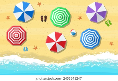 beach sun umbrellas flip-flops and beach Mat on the background of sand near the sea surf with starfish, top view. Vector illustration in flat style