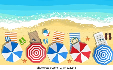 beach sun umbrellas flip-flops and beach Mat on the background of sand near the sea surf with starfish, top view. Vector illustration in flat style