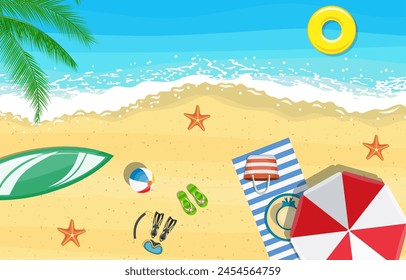 beach sun umbrellas flip-flops and beach Mat on the background of sand near the sea surf with starfish, top view. Vector illustration in flat style