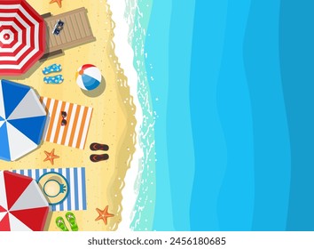 beach sun umbrellas flip-flops and beach Mat on the background of sand near the sea surf with starfish, top view. Vector illustration in flat style