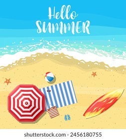 beach sun umbrellas flip-flops and beach Mat on the background of sand near the sea surf with starfish, top view. Vector illustration in flat style