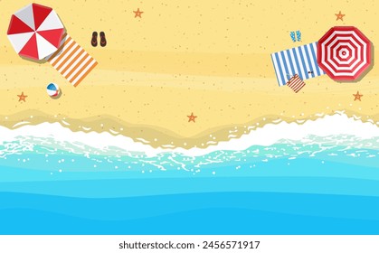 beach sun umbrellas flip-flops and beach Mat on the background of sand near the sea surf with starfish, top view. Vector illustration in flat style