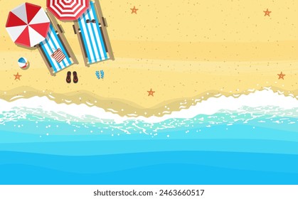 Sombrillas de playa, chanclas y colchonetas de playa sobre el fondo de la arena cerca del mar surfea con estrellas de mar, vista superior. Ilustración vectorial en estilo plano