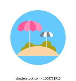 Playa Con Icono De Sombrillas De Sol Vacaciones De Verano En El Mar Concepto Vector Plano Ilustración