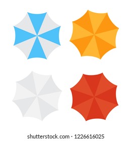 Beach sun umbrellas top view vector icons. Set of parasol with colored striped pattern illustration