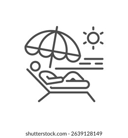 Beach sunbathing icon. Thin line editable stroke illustration for summer vacation, seaside relaxation, tanning, holidays, and tropical travel. Person relaxing under parasol by the sea
