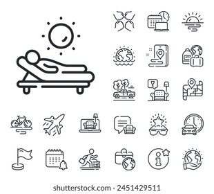 Beach sunbed sign. Plane jet, travel map and baggage claim outline icons. Lounger line icon. Summer vacation symbol. Lounger line sign. Car rental, taxi transport icon. Place location. Vector