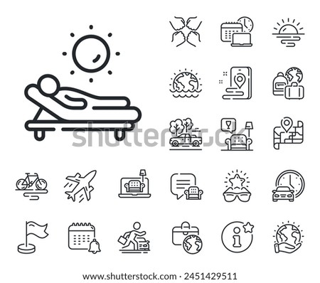 Beach sunbed sign. Plane jet, travel map and baggage claim outline icons. Lounger line icon. Summer vacation symbol. Lounger line sign. Car rental, taxi transport icon. Place location. Vector