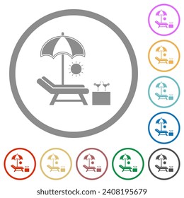 Beach sunbed umbrella cocktail flat color icons in round outlines on white background