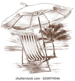 beach sunbeds and sun umbrella on sandy beach background and palm trees sketch vector graphics monochrome drawing