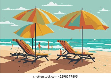 Beach with sunbeds and umbrellas, beach vector illustration, seaside vacation