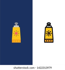 Beach, Sunblock, Sunscreen  Icons. Flat and Line Filled Icon Set Vector Blue Background