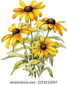 Beach Sunflower Watercolor illustration. Hand drawn underwater element design. Artistic vector marine design element. Illustration for greeting cards, printing and other design projects.