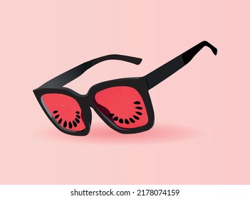 Concepto de gafas de sol en la playa con sandía sobre fondo rosa.
