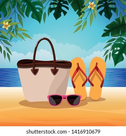 Beach with sunglasses flip flops and bag on sand cartoons vector illustration graphic design