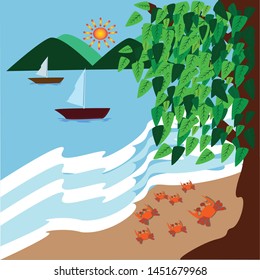 The beach and sunlight with two sailboats on the sea vector background. Tropical beach landscape vector background. Summer holiday on the beach illustration/