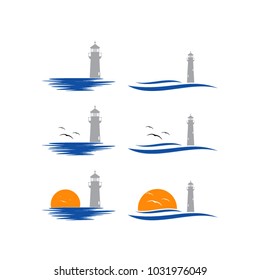 beach sunrise and mercusuar logo vector