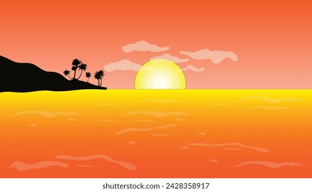 Beach at sunrise scenery of silhouette vector flat