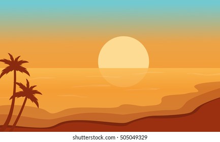 Beach at sunrise scenery silhouettes vector illustration