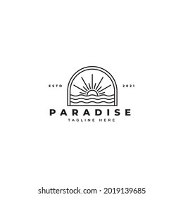 beach with sunrise or sunset, ocean logo design with line art style logo design