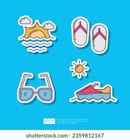 Beach Sunrise or Sunshine, Flip Flop Sandal, Sunglasses, Jet Ski. Summer Vacation Sticker Icon Vector Illustration set