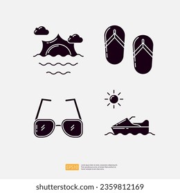 Beach Sunrise or Sunshine, Flip Flop Sandal, Sunglasses, Jet Ski. Summer Vacation Solid Glyph Icon Vector Illustration set