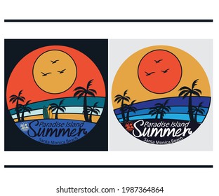 Beach sunrise vector design. Summer paradise island print design for apparels and others. Retro summer graphics design. 