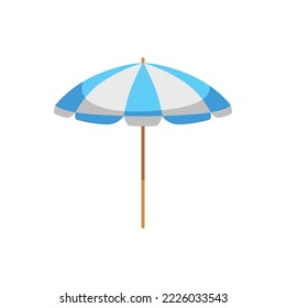 Beach sunroof umbrella with blue and white wedges, flat cartoon vector illustration isolated on white background. Symbol of rest by the sea and summer vacation.