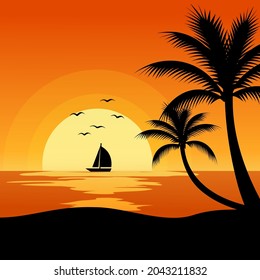 Beach sunset background with sailing boat. Sunset in tropical island