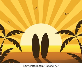 Beach sunset background with surf boards. Flat vector.