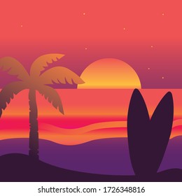 Beach sunset  background with surfboards vector design