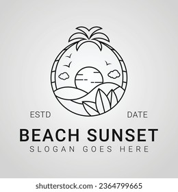 Beach Sunset Badge Logo Design Summer Vacation Logotype Sun Waves Line Art Icon